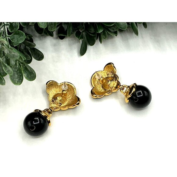 Gold and Black Enamel Flower Earrings With Crystal Accents and Black Beads - Picture 7 of 8